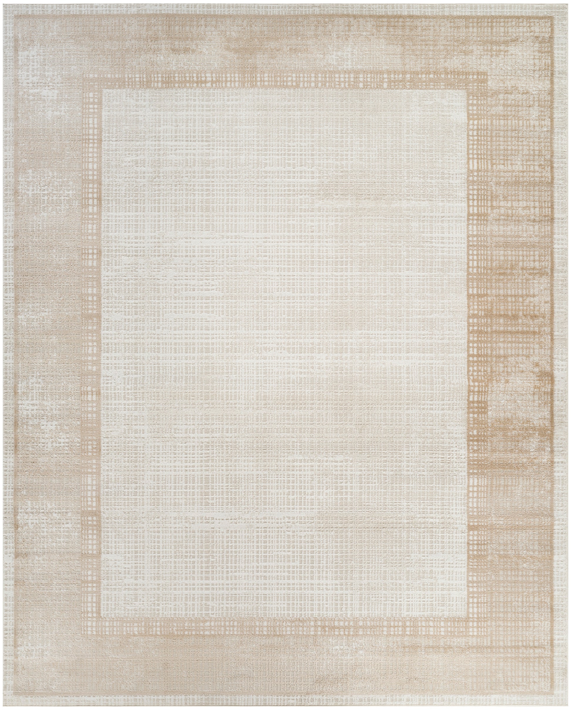 Rectangular beige rug with a light cream center and neutral woven border; versatile, textured floor covering.