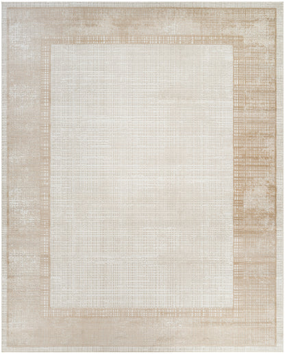 Rectangular beige rug with a light cream center and neutral woven border; versatile, textured floor covering.