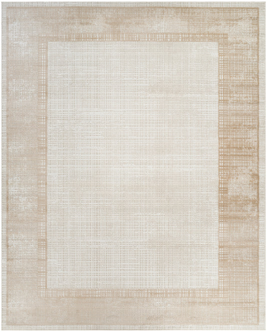 Rectangular beige rug with a light cream center and neutral woven border; versatile, textured floor covering.
