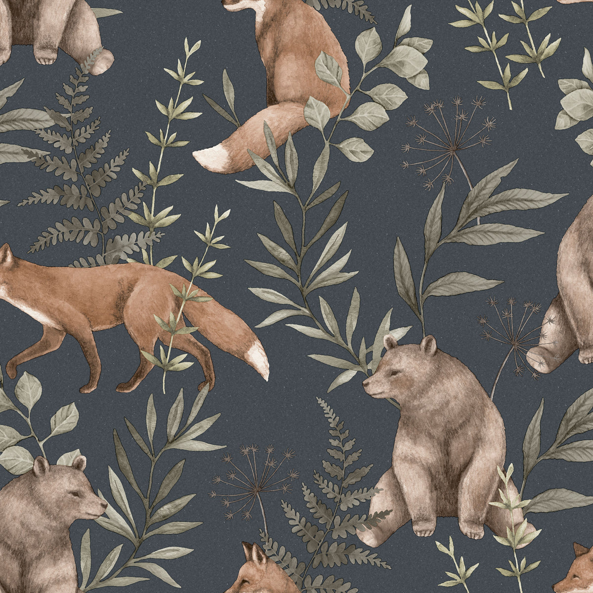 Dark blue wallpaper with watercolor bears and foxes among gray-green leaves.