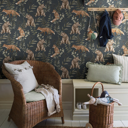 Woodland bear wallpaper in navy.
