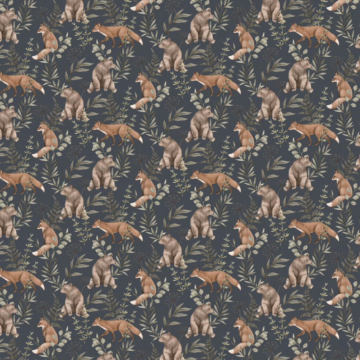 Wallpaper with a repeating woodland pattern featuring tan foxes and gray bears among green leaves on a navy background.