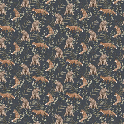 Wallpaper with a repeating woodland pattern featuring tan foxes and gray bears among green leaves on a navy background.