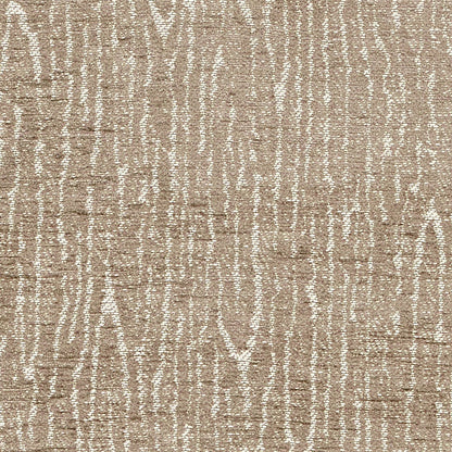 Beige textured woven fabric with cream irregular vertical stripes; linen-like upholstery or rug material.