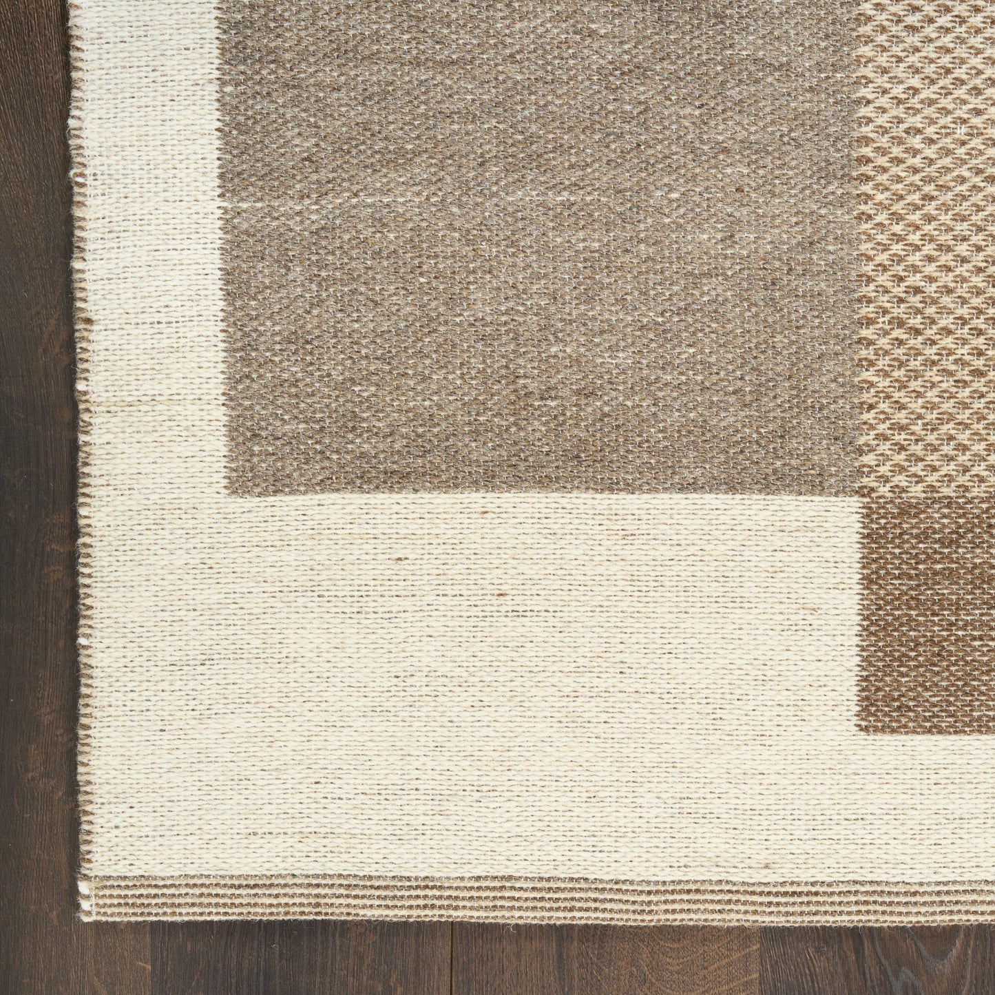 Neutral woven area rug with beige border & taupe/brown geometric panels, rectangular shape on dark wood floor.