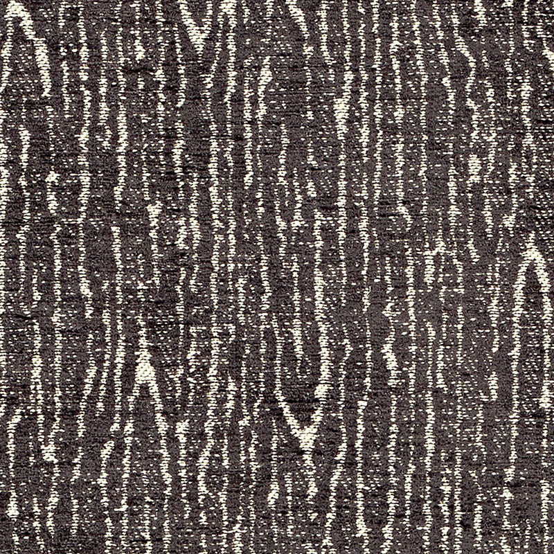 Dark brown and beige chenille fabric with a textured surface and a faux bois pattern.