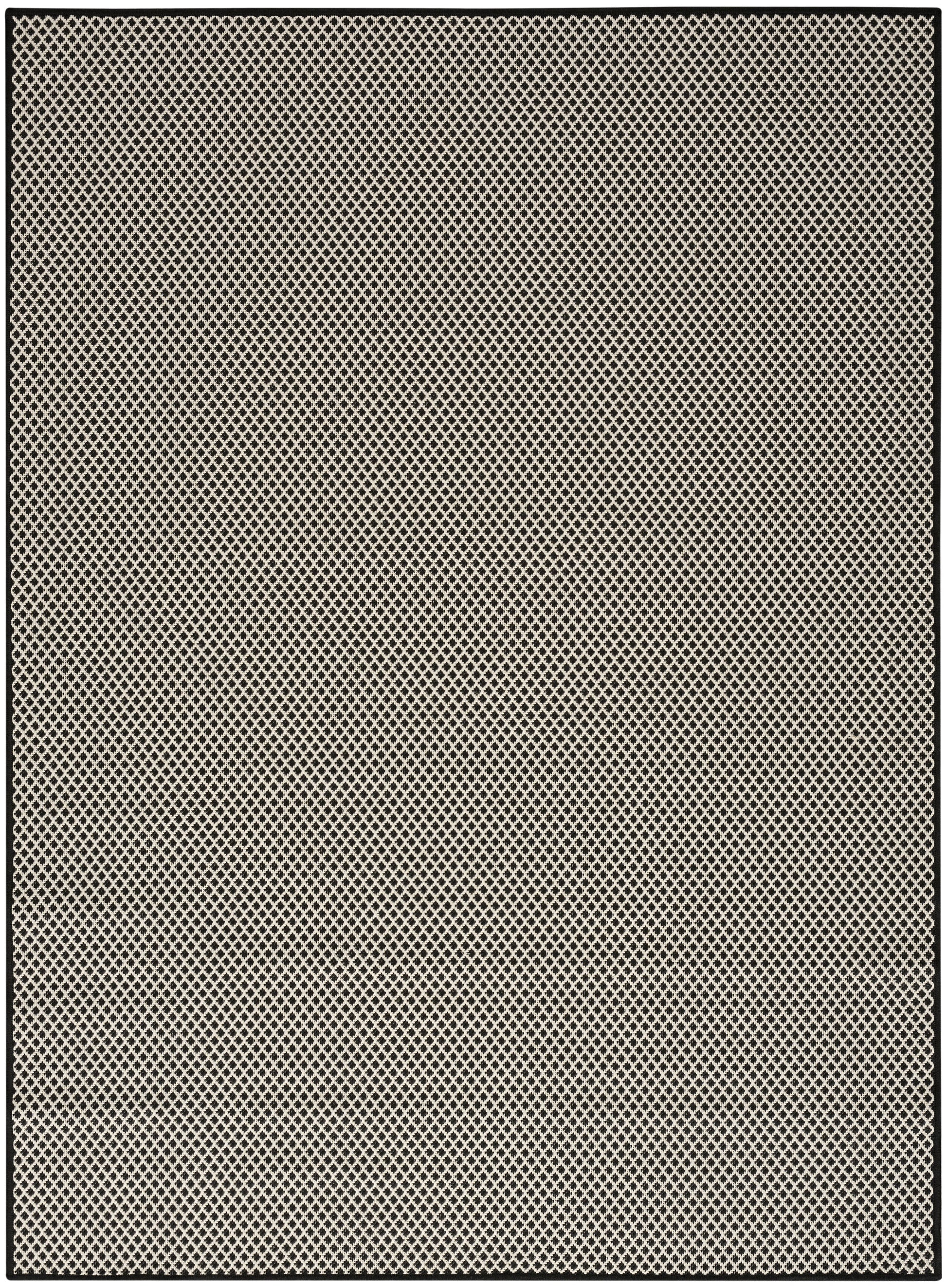 Beige diamond-lattice rug with a black border; woven textile, geometric modern floor decor, 5' x 7'.