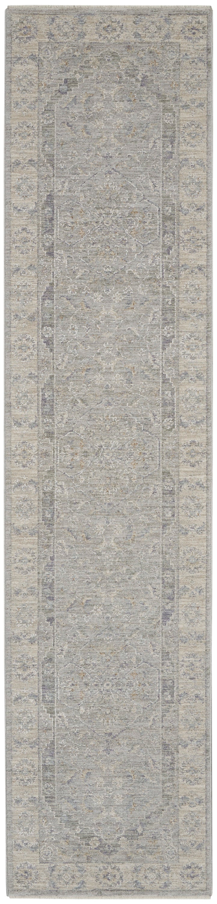 Long runner rug in muted gray and beige with classic Persian-style medallion pattern and ornate border.