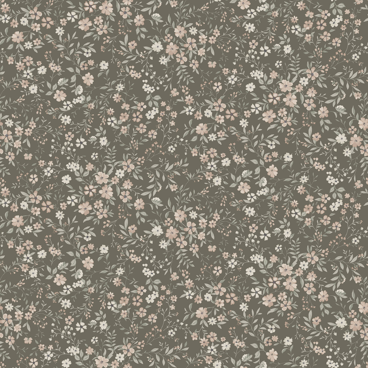 Wallpaper pattern: soft gray floral design with tiny pink and white blossoms and leafy vines; vintage botanical motif.