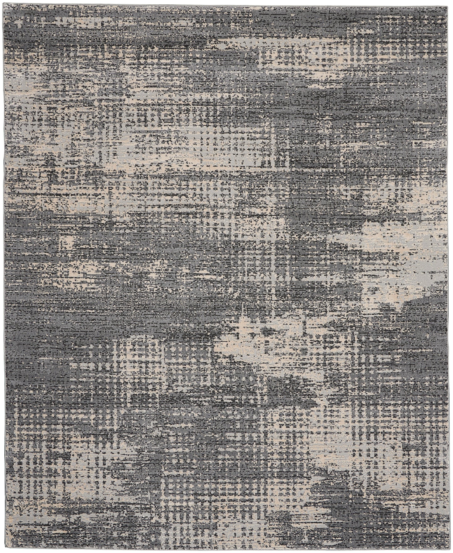 Abstract distressed-pattern area rug in grey and beige tones, rectangular, modern decor.
