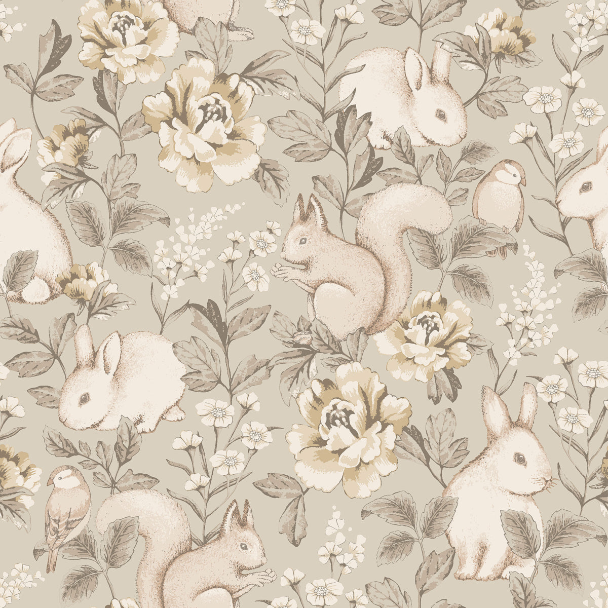 Beige vintage wallpaper with cream rabbits and ivory flowers in soft taupe tones.