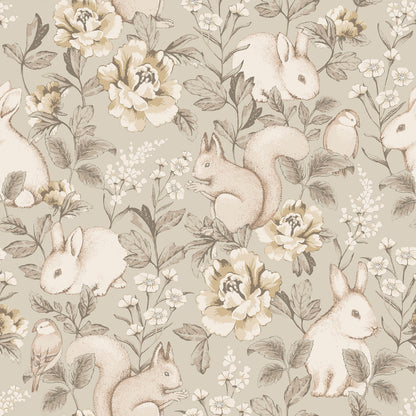 Beige vintage wallpaper with cream rabbits and ivory flowers in soft taupe tones.