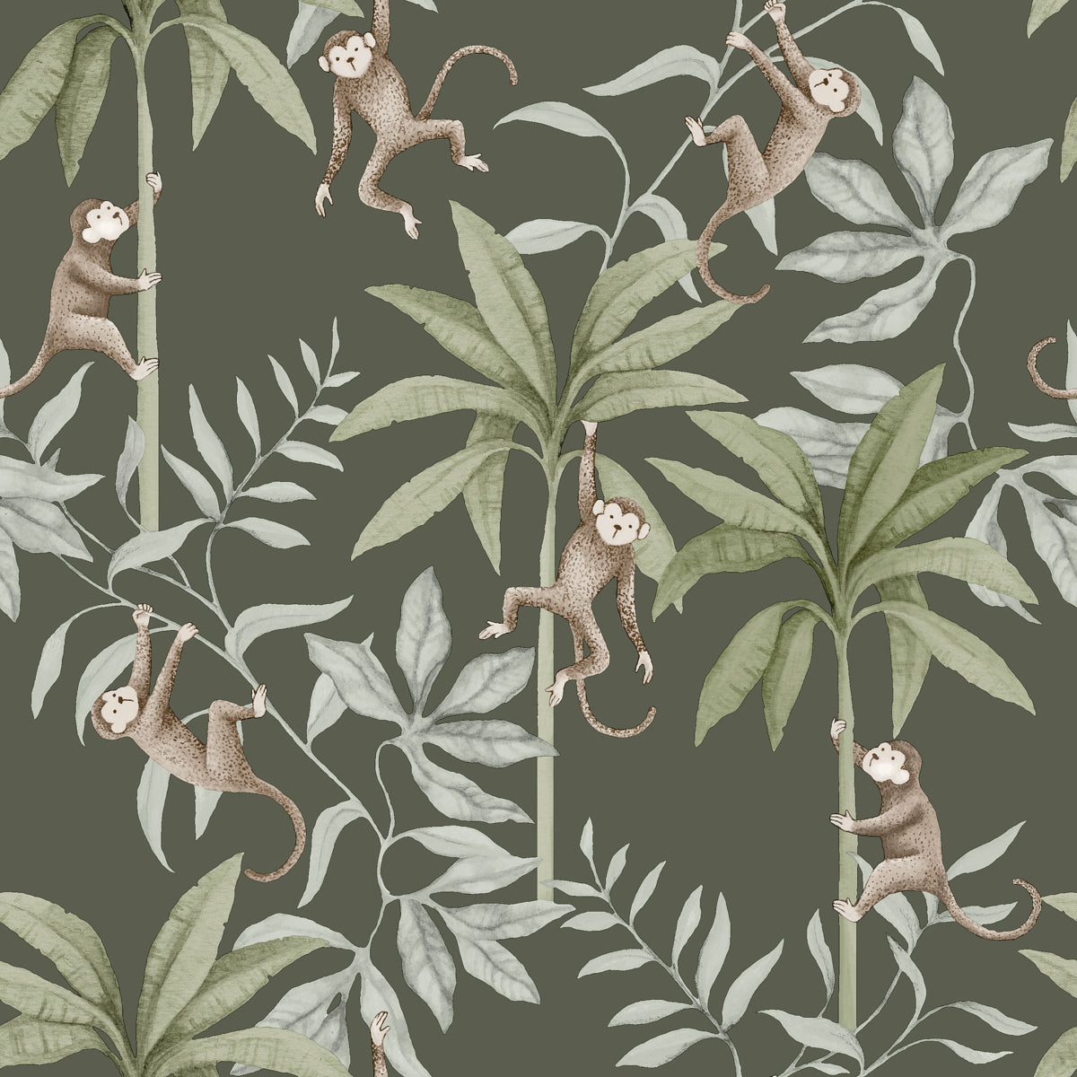Dark olive background with green palm leaves and playful beige monkeys swinging through a tropical jungle print.