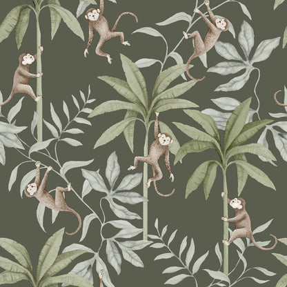 Dark olive background with green palm leaves and playful beige monkeys swinging through a tropical jungle print.