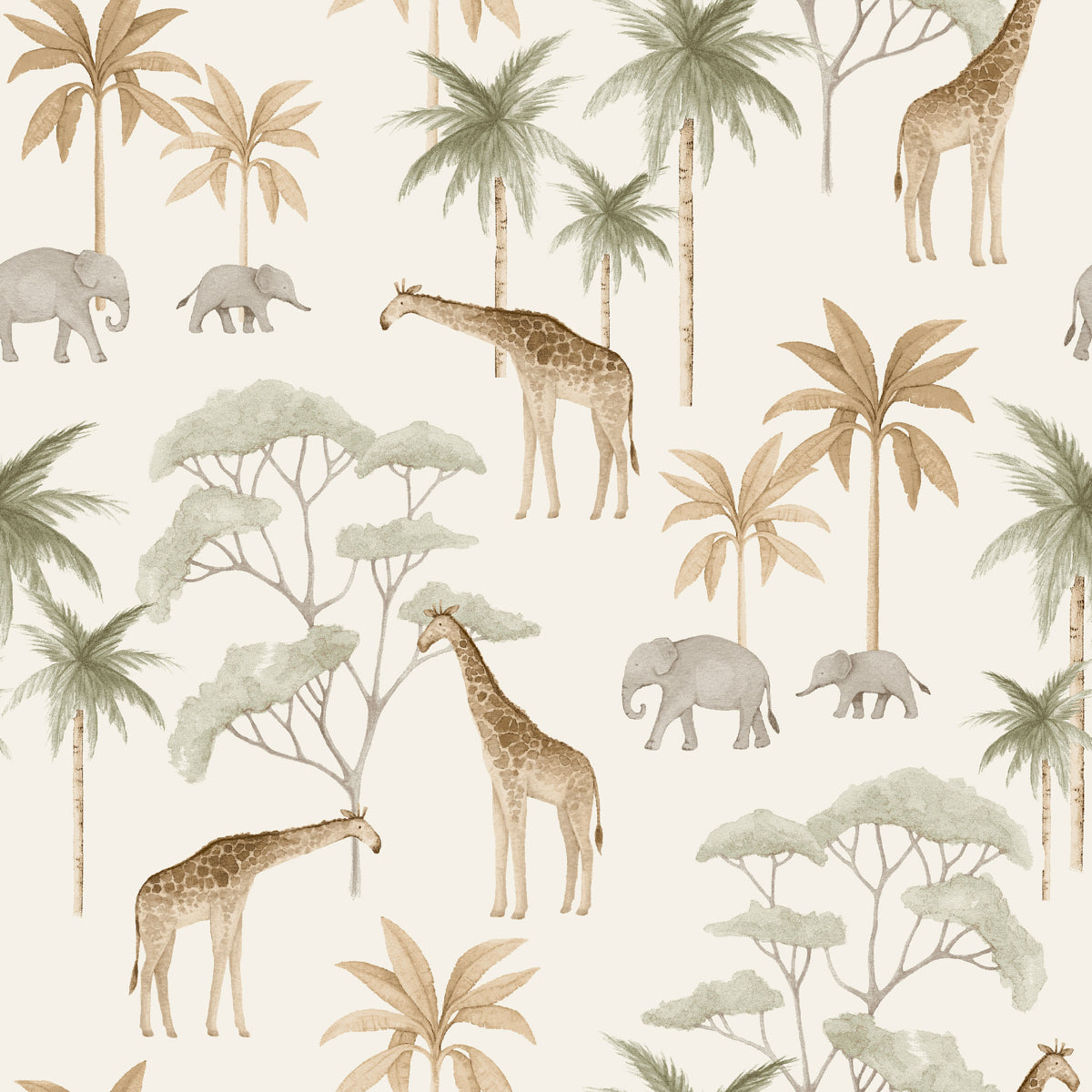 Patterned safari wallpaper with giraffes, elephants and palm trees in soft beige, green and tan hues.