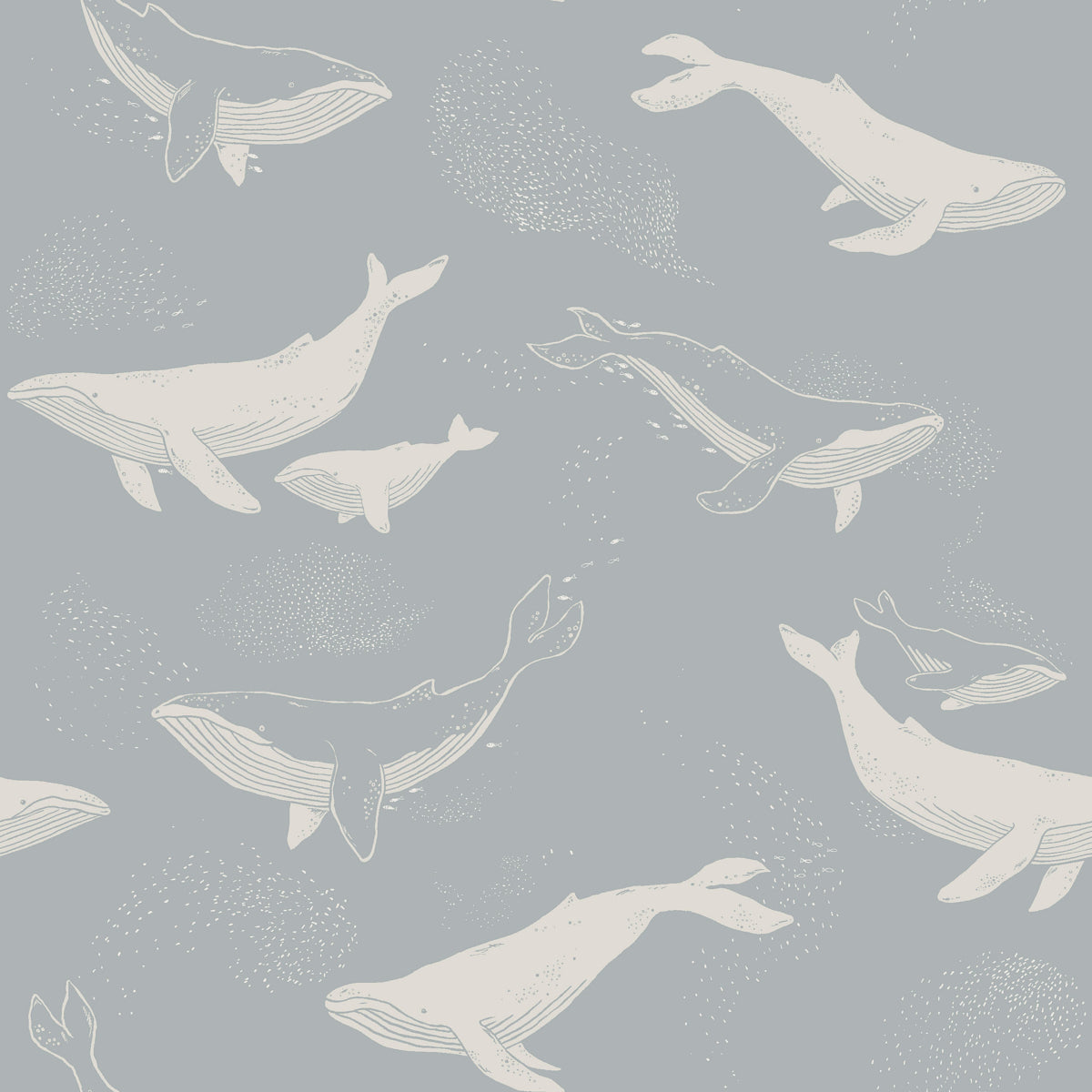 Whale-pattern wallpaper: creamy white whales on a slate blue-gray background; nautical illustration.