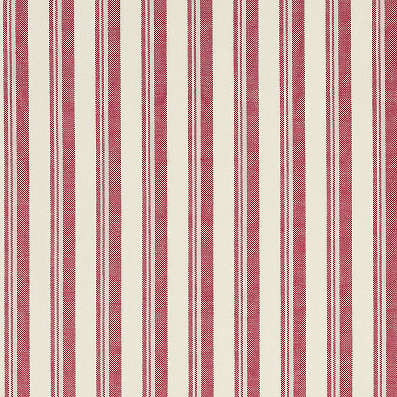 Red and cream vertical striped woven fabric; classic textile for upholstery or curtains.
