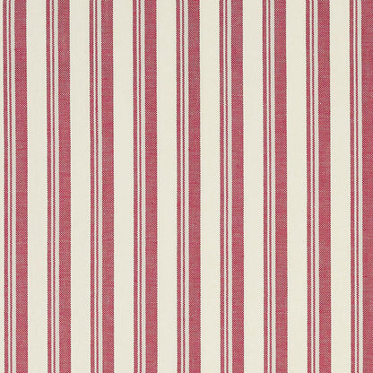 Red and cream vertical striped woven fabric; classic textile for upholstery or curtains.