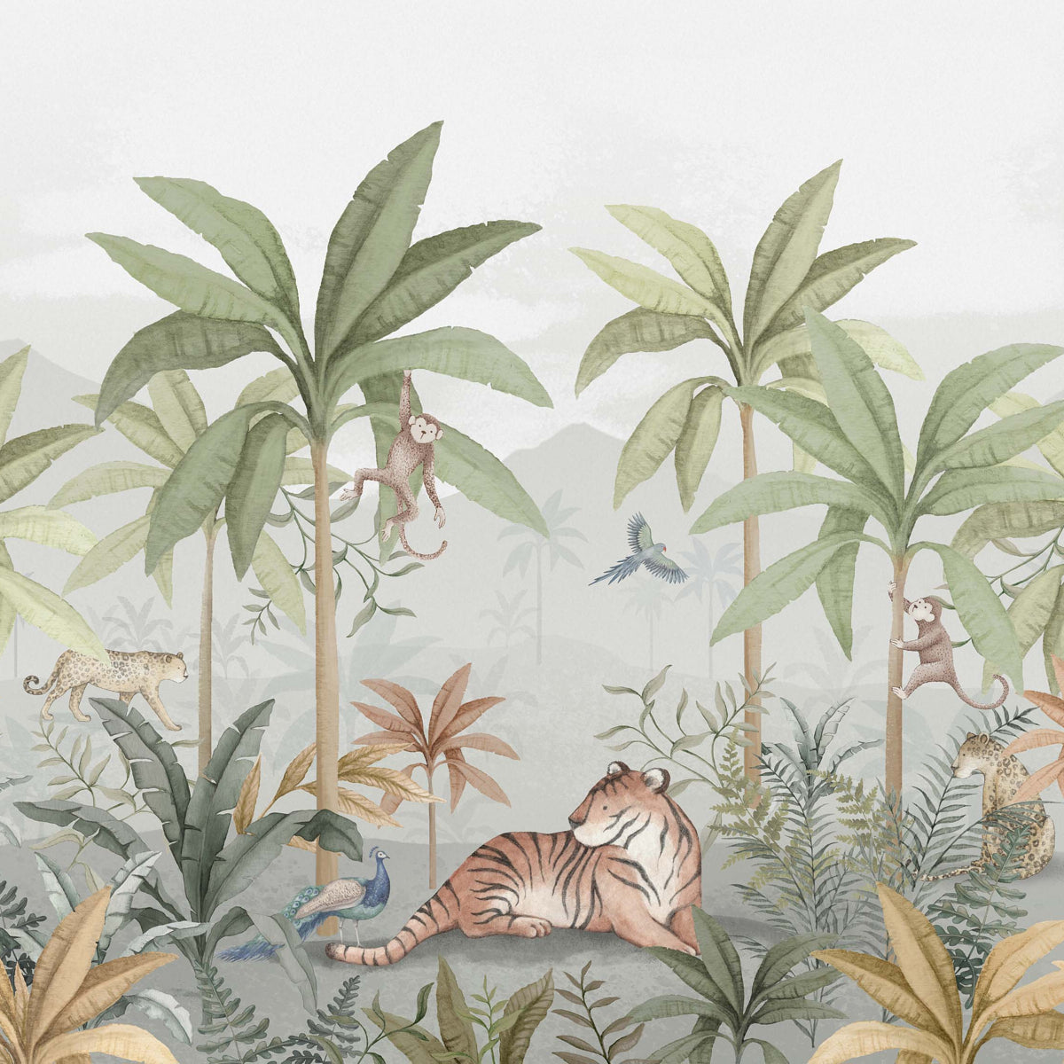 Watercolor jungle scene featuring a tiger, monkeys, parrots, and lush palm trees in muted greens and browns.