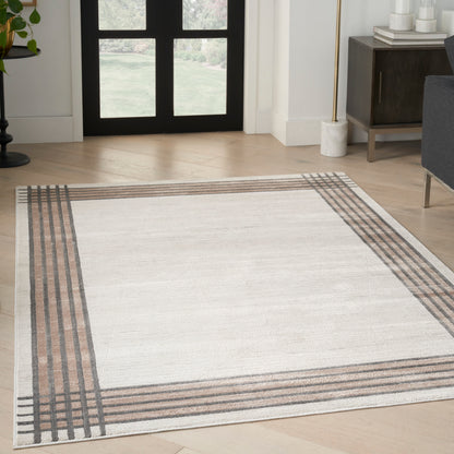 Rectangular light beige area rug with a brown/gray striped border.