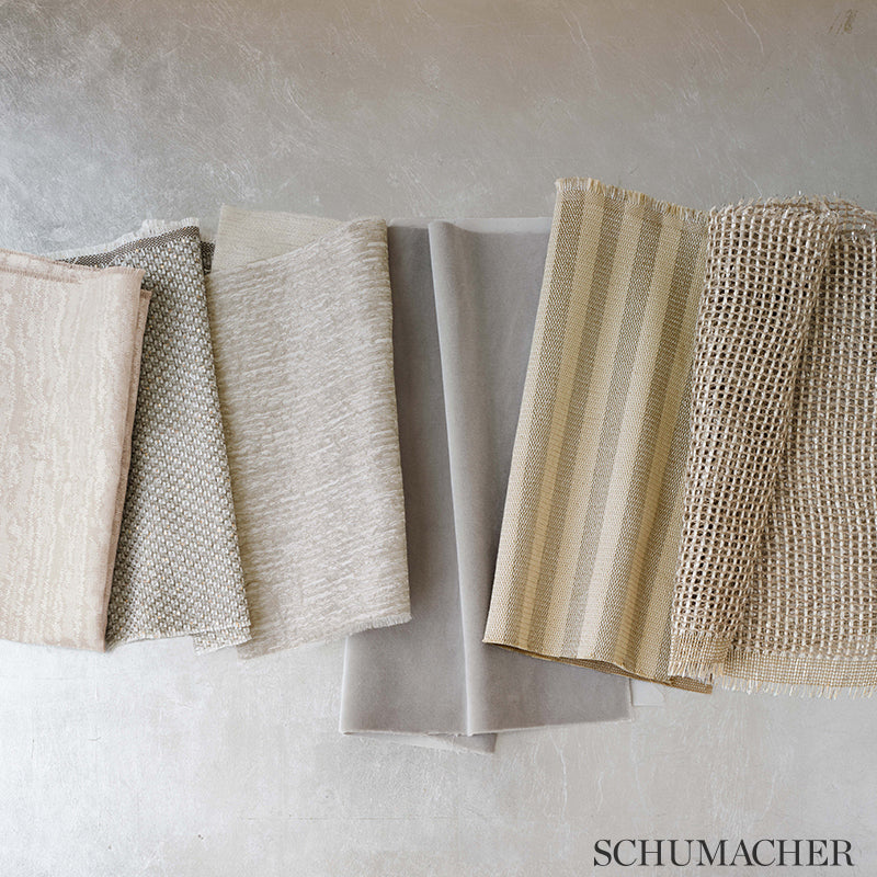Set of neutral fabric swatches in beige, taupe and gray with linen, tweed, stripe and burlap textures.