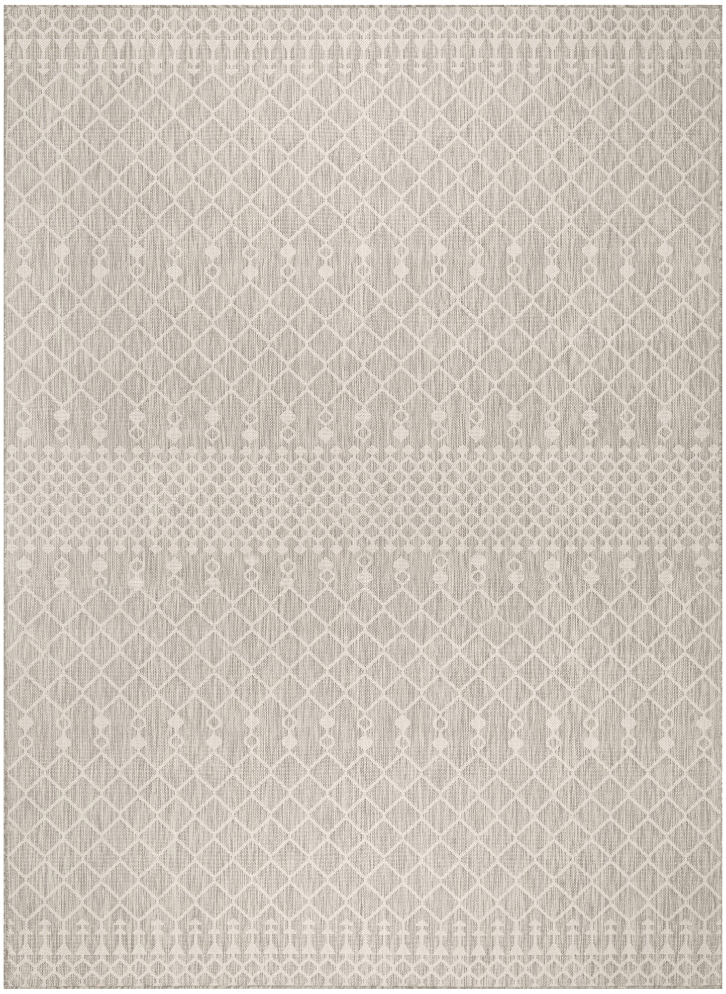 Beige area rug with ivory diamond lattice pattern & dotted central band; woven, neutral decor.