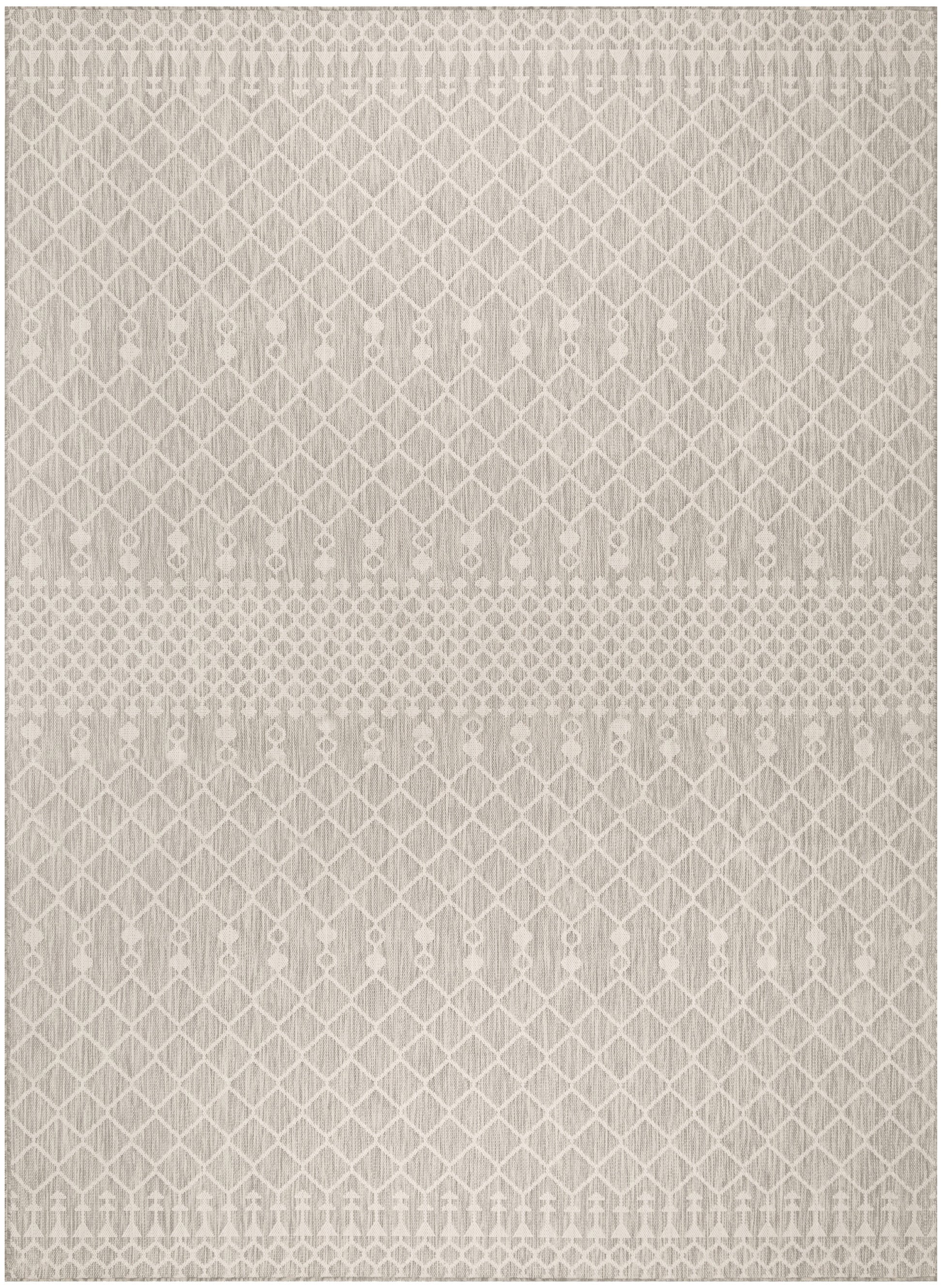 Beige area rug with ivory diamond lattice pattern & dotted central band; woven, neutral decor.