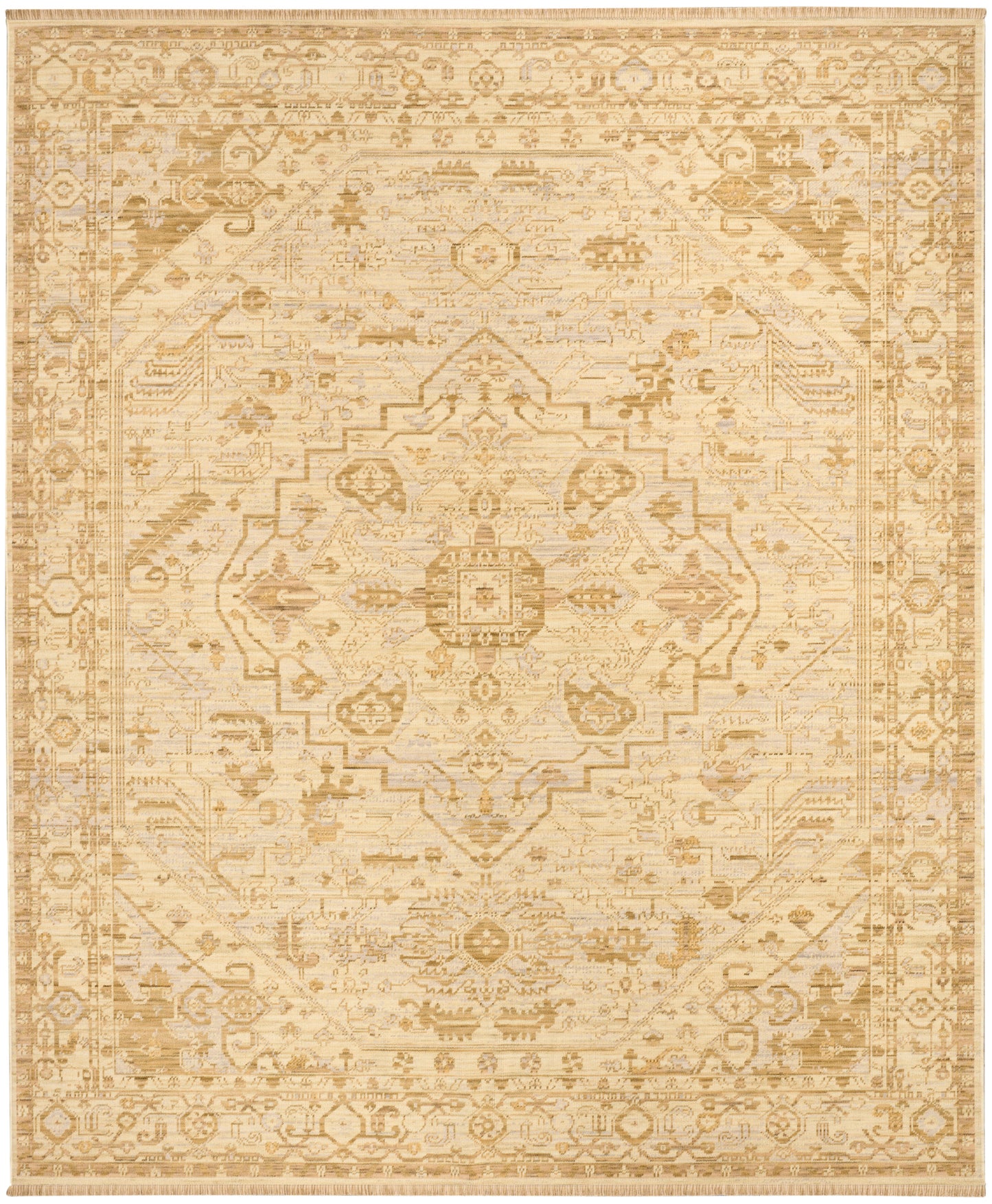 Beige distressed oriental rug with central medallion, intricate floral border in warm tan tones.