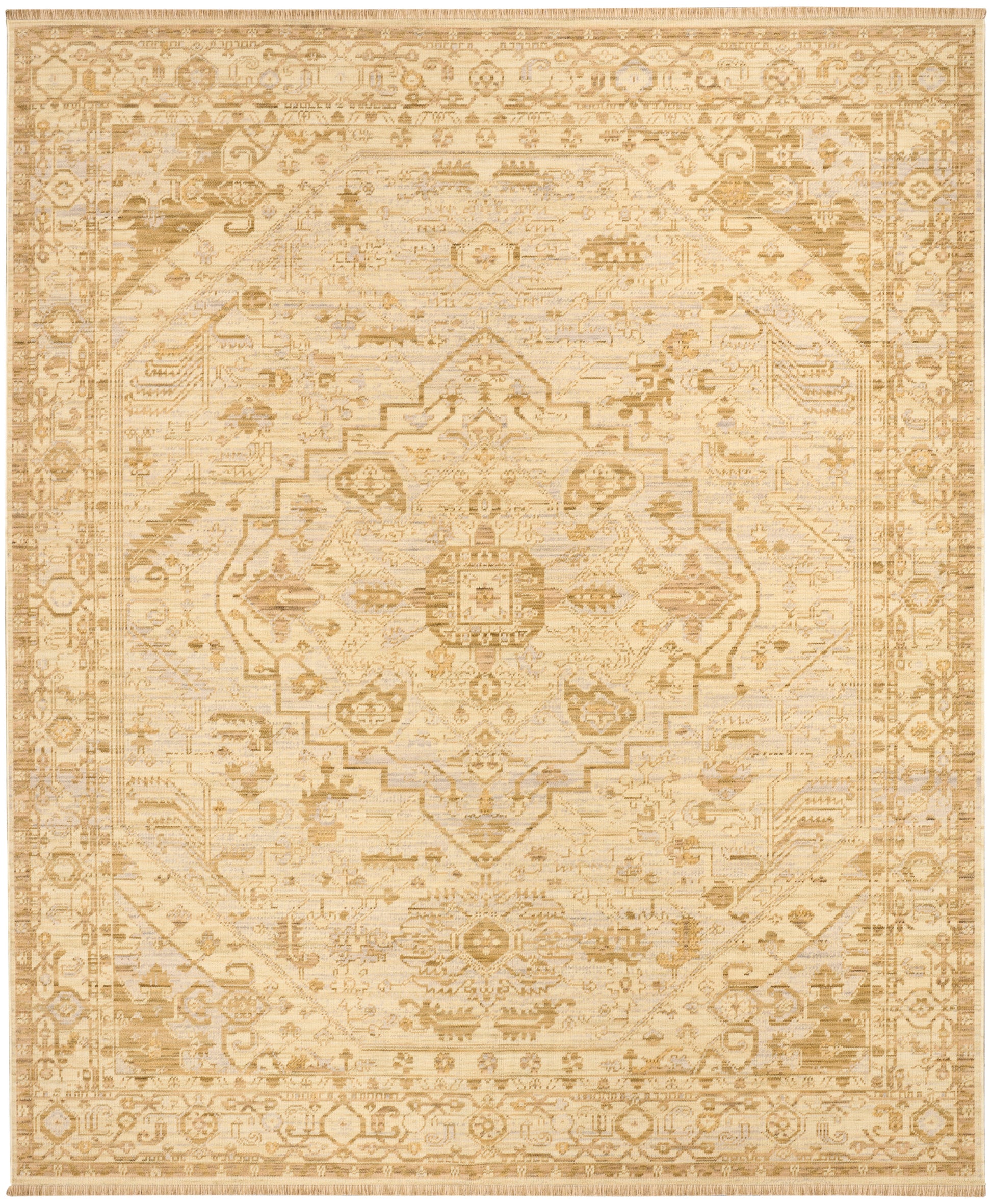 Beige distressed oriental rug with central medallion, intricate floral border in warm tan tones.