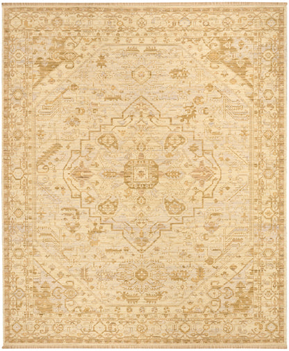 Beige distressed oriental rug with central medallion, intricate floral border in warm tan tones.