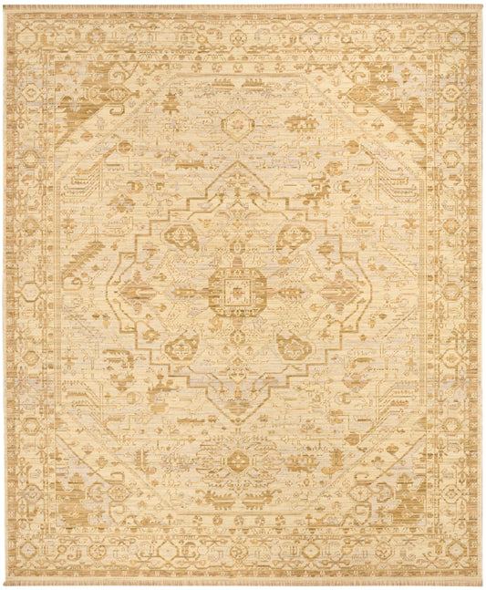 Beige distressed oriental rug with central medallion, intricate floral border in warm tan tones.