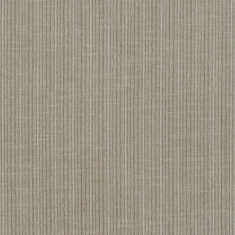 Beige and taupe striped textured fabric with narrow vertical ridges, corded weave for upholstery or carpet.