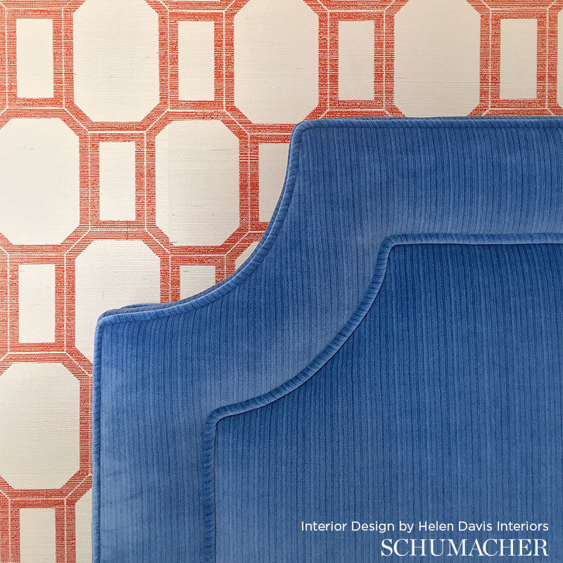 Blue velvet fabric swatch with antique strie texture; River colorway.