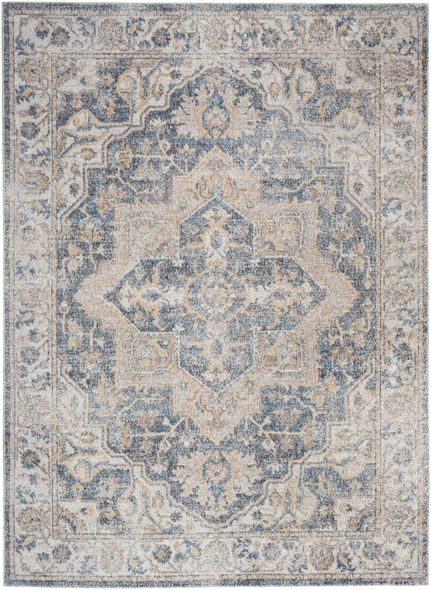 Blue and ivory distressed oriental area rug with a central geometric medallion and ornate border.