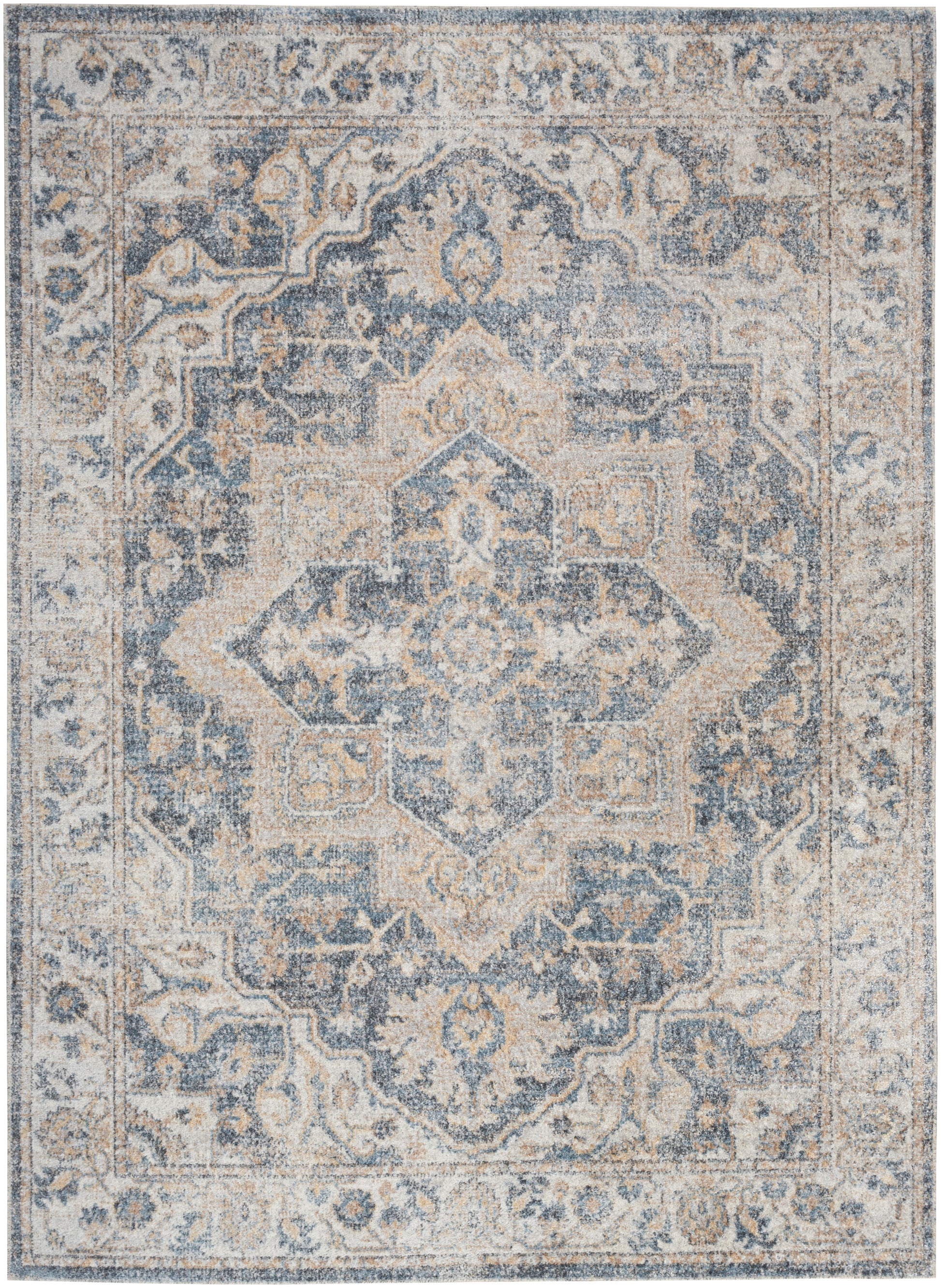 Blue and ivory distressed oriental area rug with a central geometric medallion and ornate border.