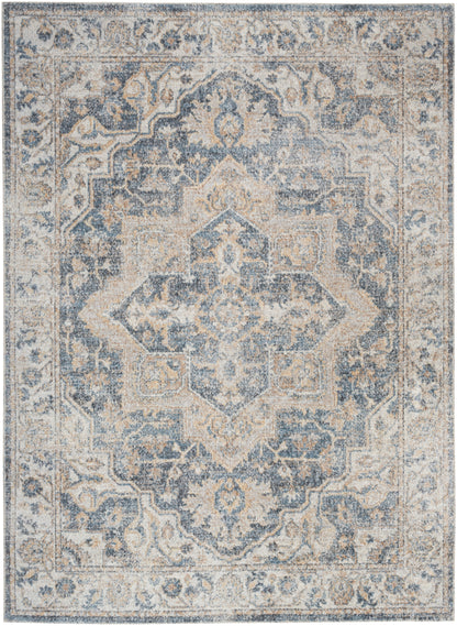 Blue and ivory distressed oriental area rug with a central geometric medallion and ornate border.