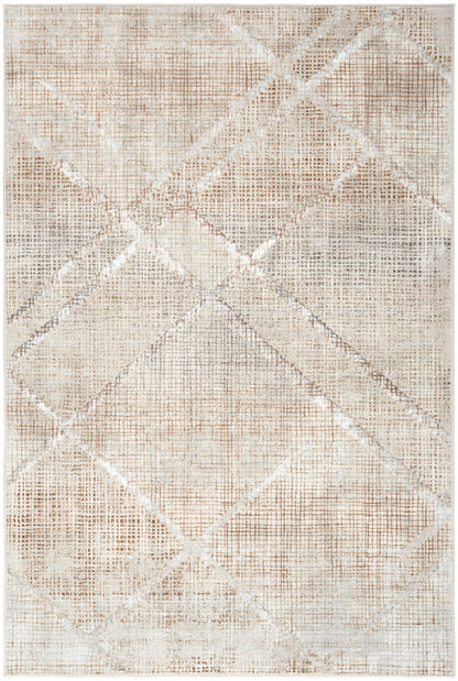 Neutral beige and cream geometric area rug with pale diamond lattice and distressed texture.