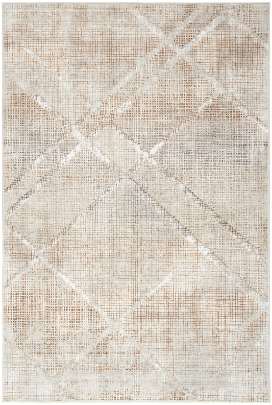 Neutral beige and cream geometric area rug with pale diamond lattice and distressed texture.