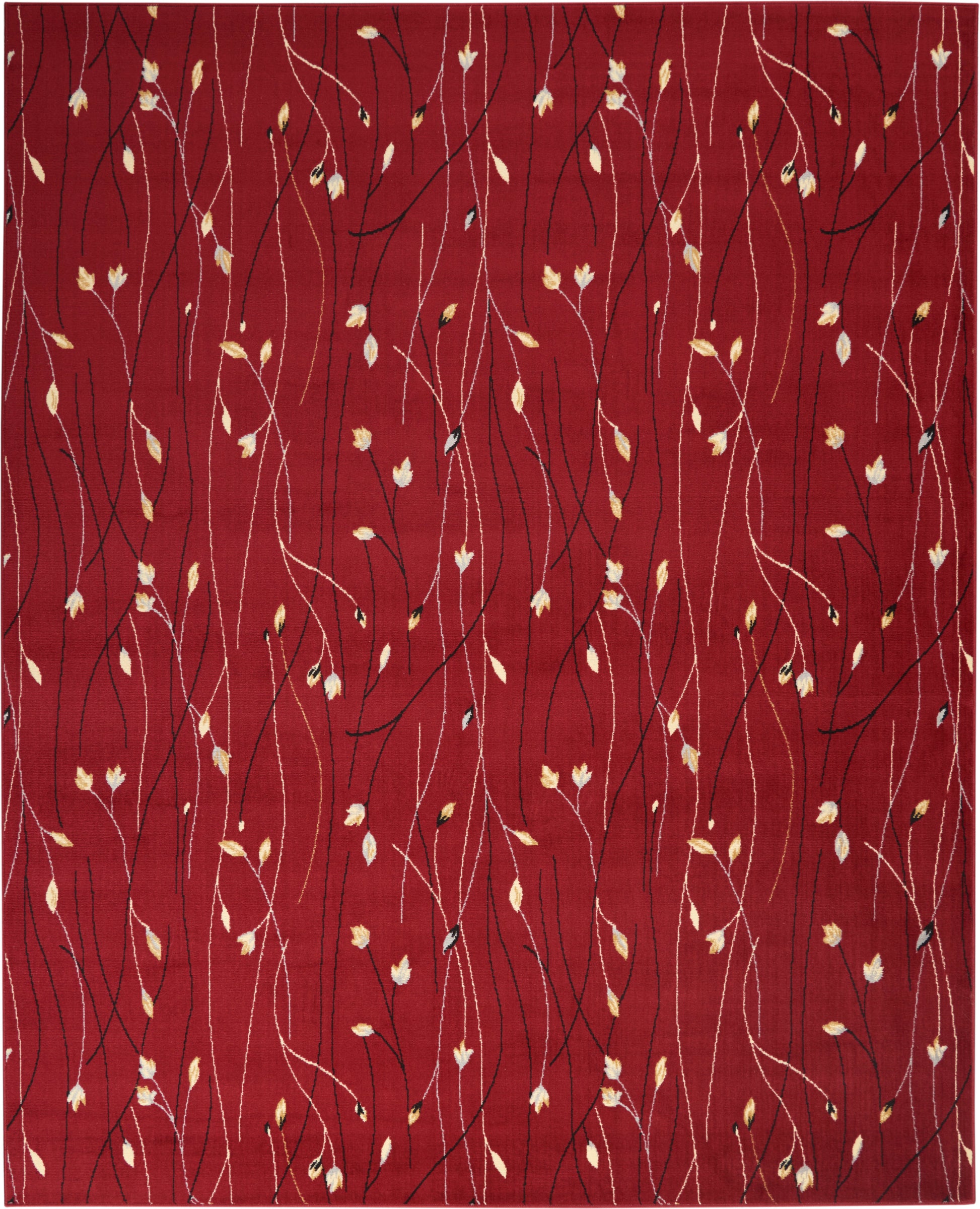 Crimson rug with slender vine lines in white, beige and dark tones and small pale yellow leaf clusters on a deep red field.