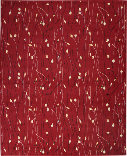 Crimson rug with slender vine lines in white, beige and dark tones and small pale yellow leaf clusters on a deep red field.