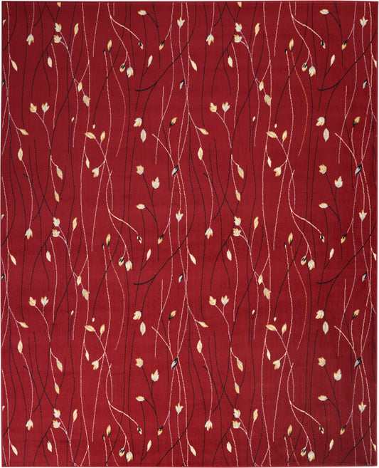 Crimson rug with slender vine lines in white, beige and dark tones and small pale yellow leaf clusters on a deep red field.