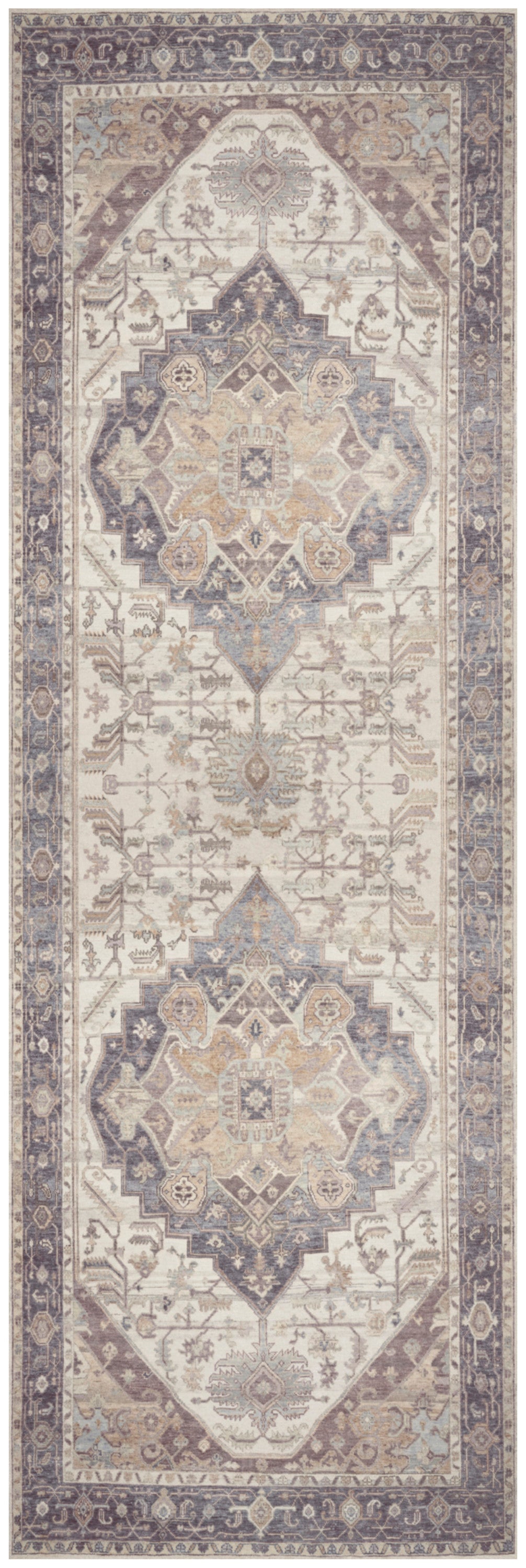 Long oriental runner rug in ivory with muted blue, taupe and lavender geometric medallions and ornate border.
