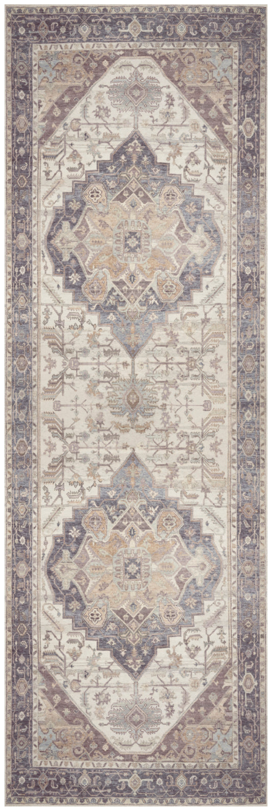 Long oriental runner rug in ivory with muted blue, taupe and lavender geometric medallions and ornate border.