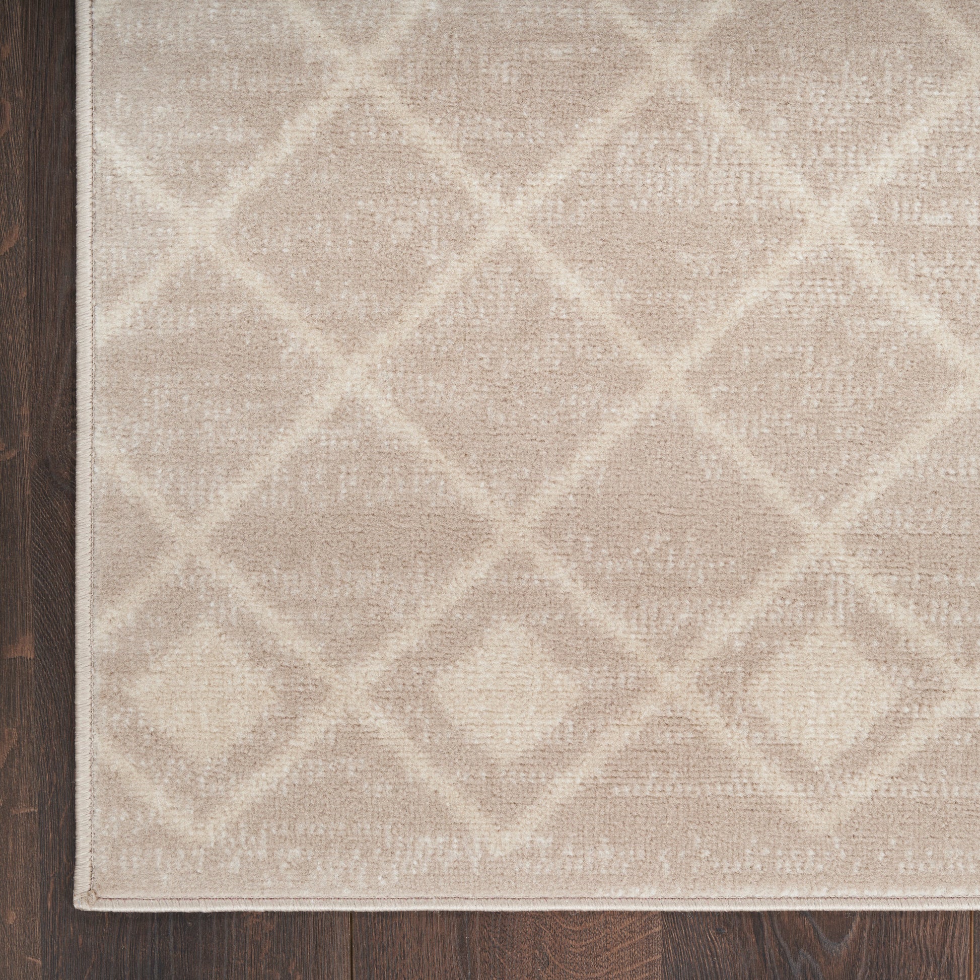 Beige woven area rug with cream diamond lattice pattern and light border on dark wood floor.
