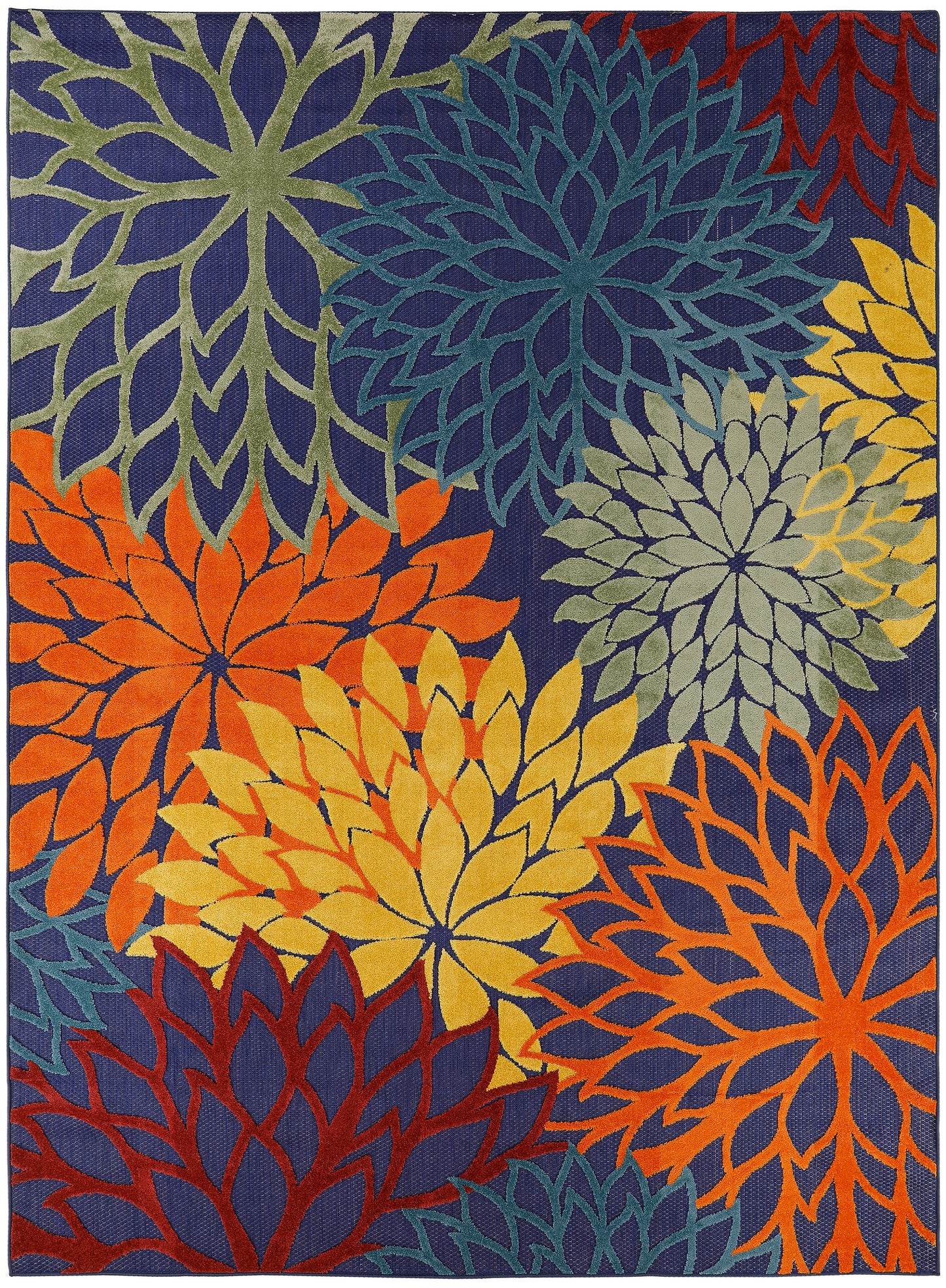 Plush area rug with oversized dahlia-like flowers in navy, teal, yellow, orange and gray on a dark background.