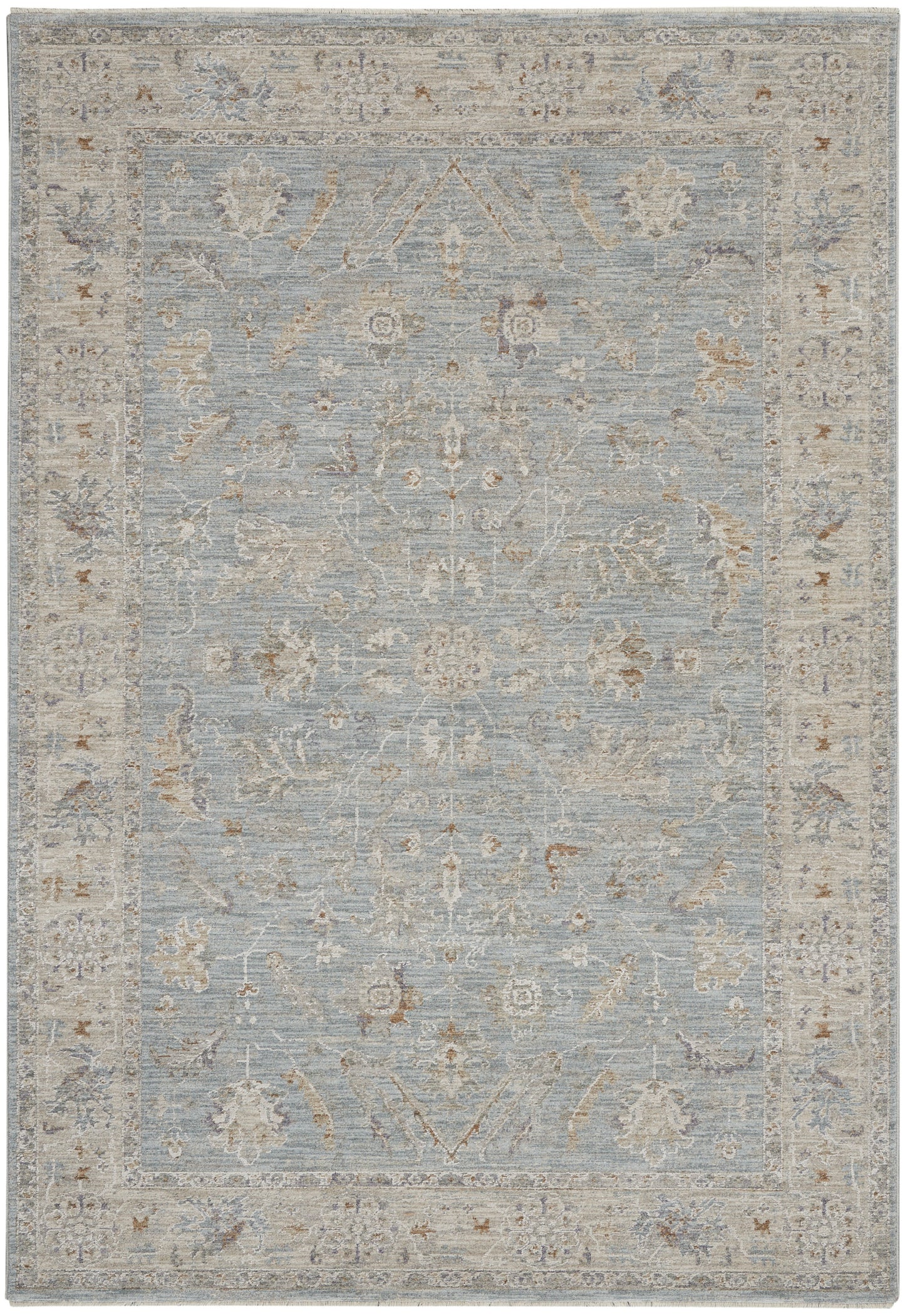 Powder-blue distressed vintage-style oriental rug with ivory-beige border and faded floral motifs.