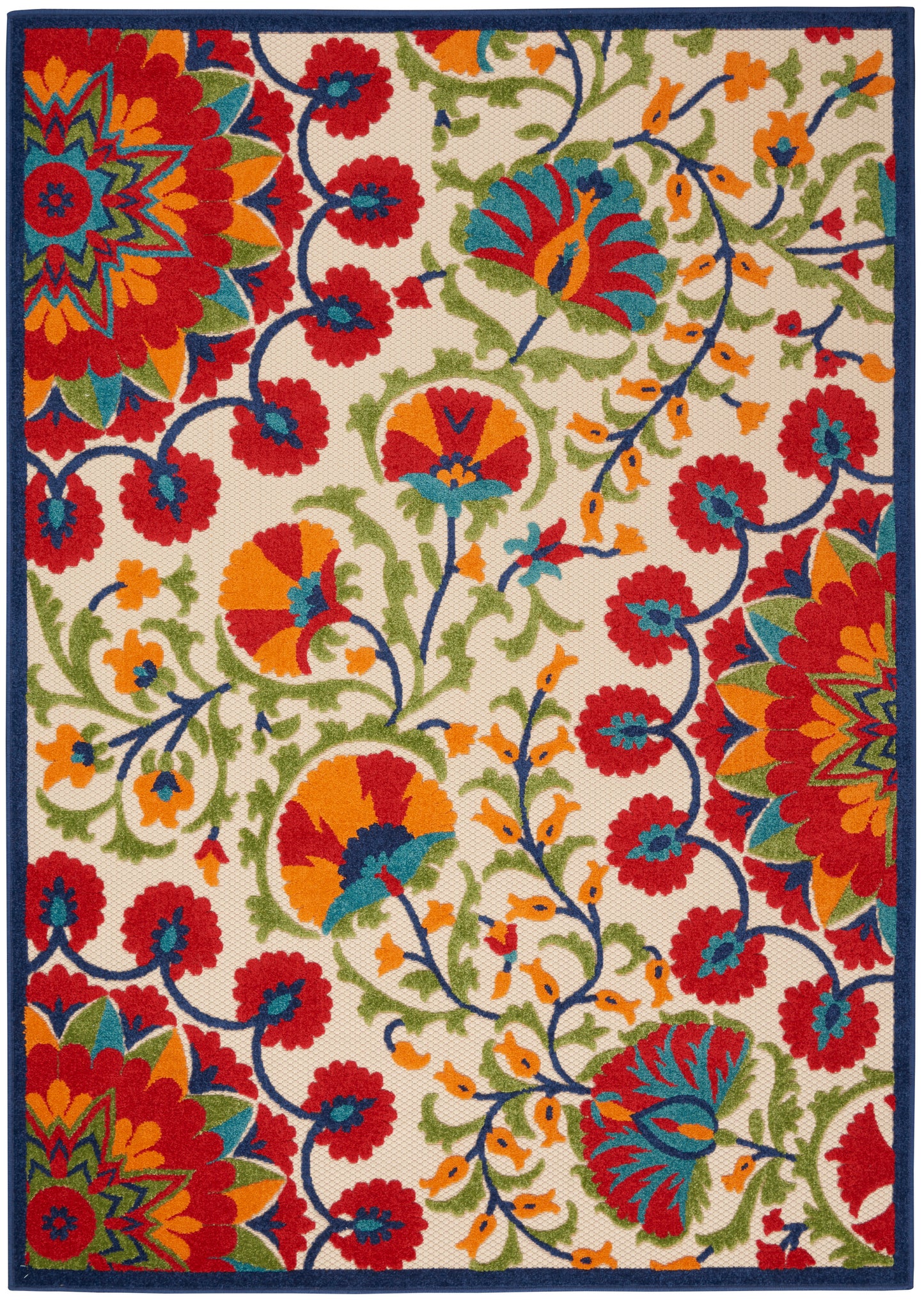 Vibrant floral area rug featuring red, orange, teal and lime blooms on ivory with a dark blue border.