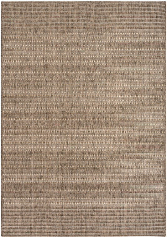 Rectangular brown woven rug with natural-texture fibers and subtle horizontal striped pattern.