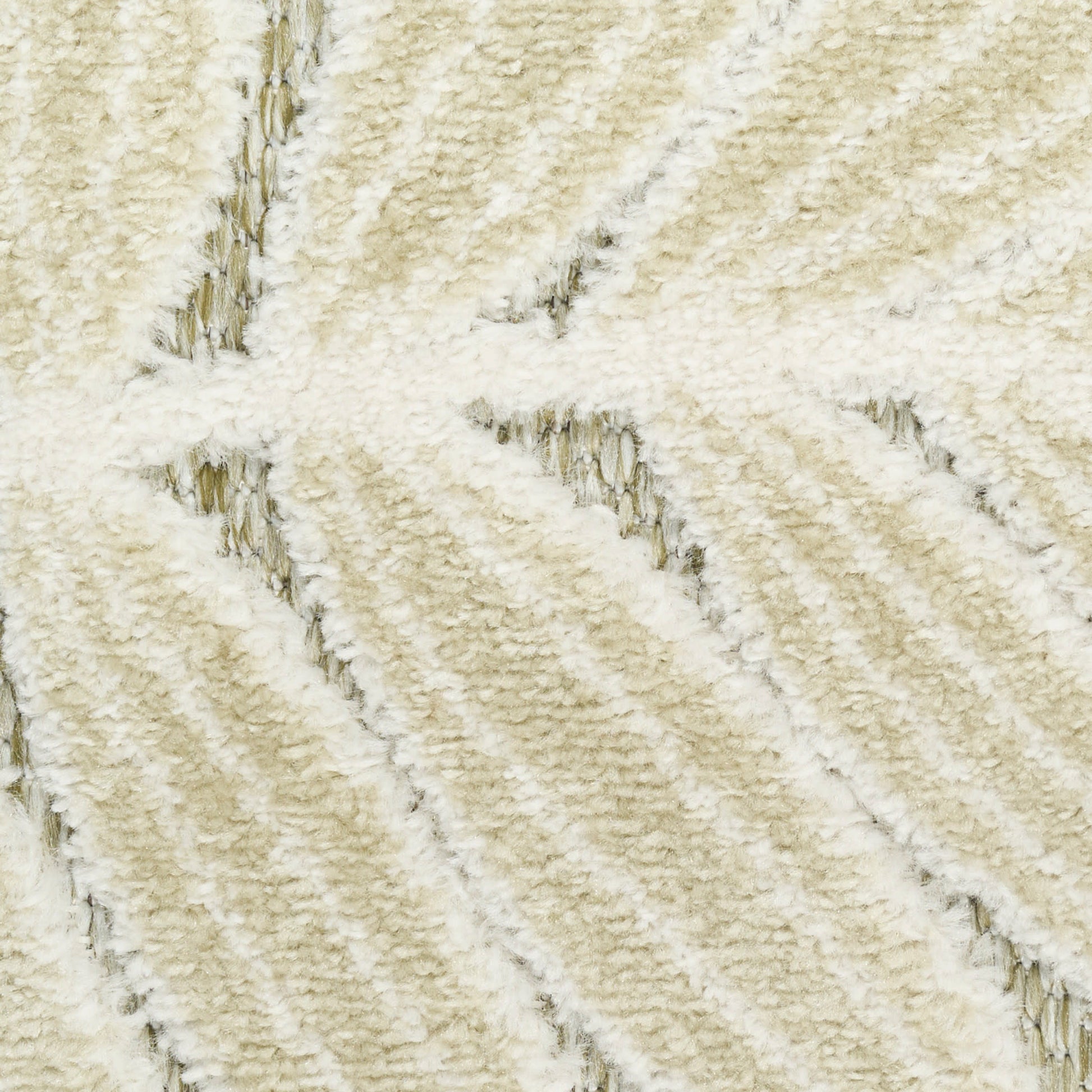 Cream shag rug with diagonal striped pattern; soft plush texture for cozy living spaces.