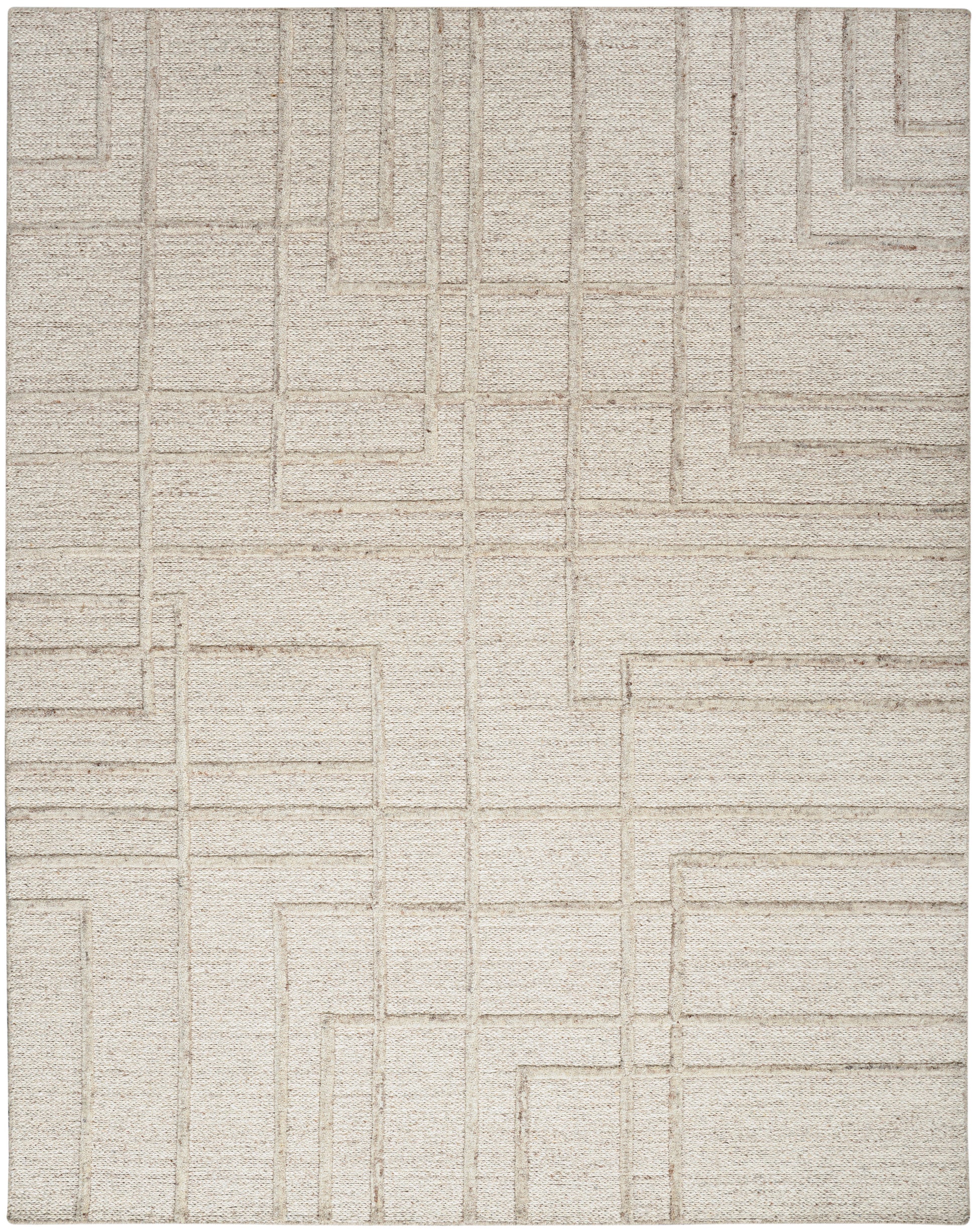Beige textured rug with a subtle raised geometric grid of interlocking rectangles.